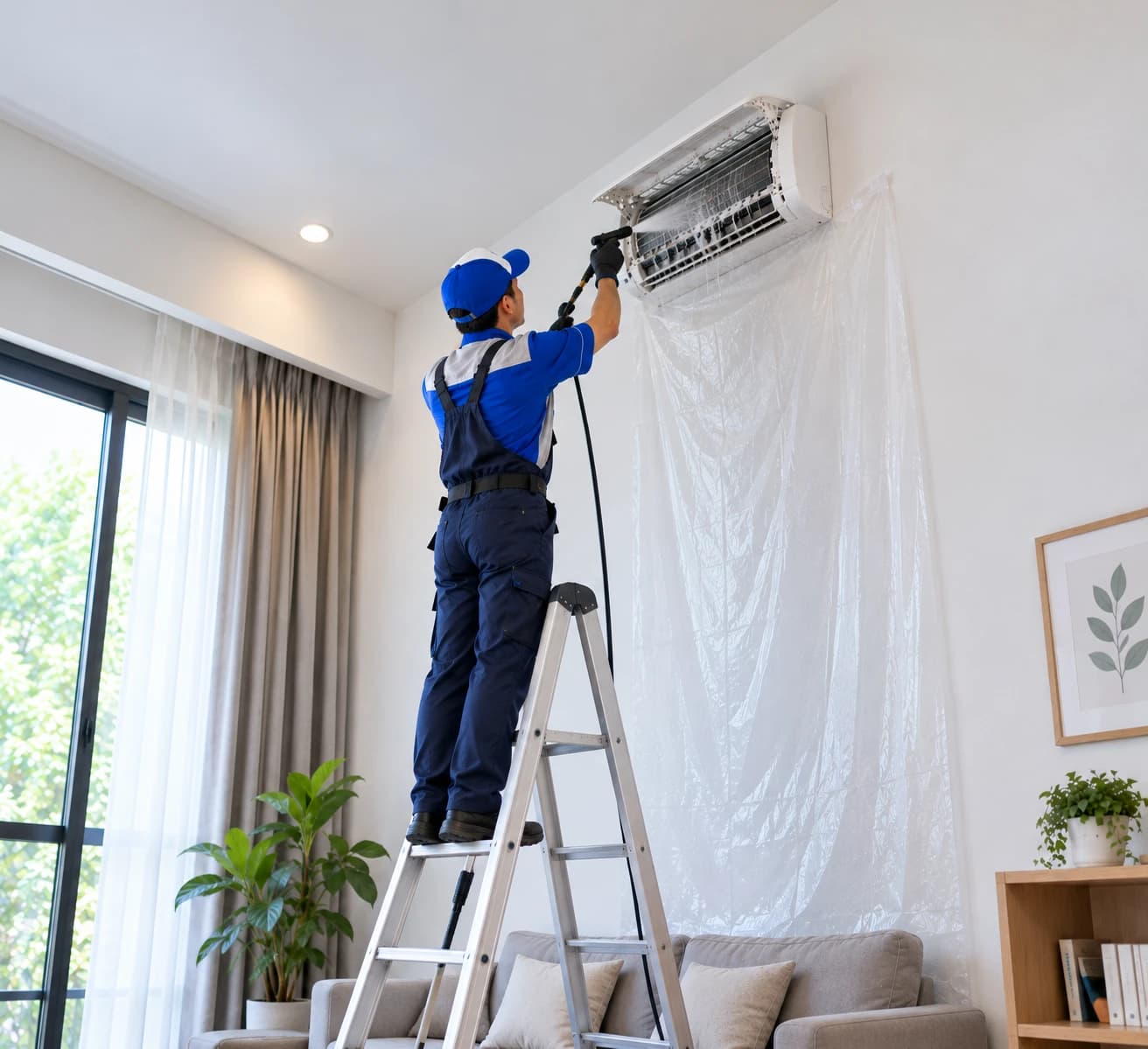 Foto Kang Adem sedang cuci AC indoor di rumah pelanggan